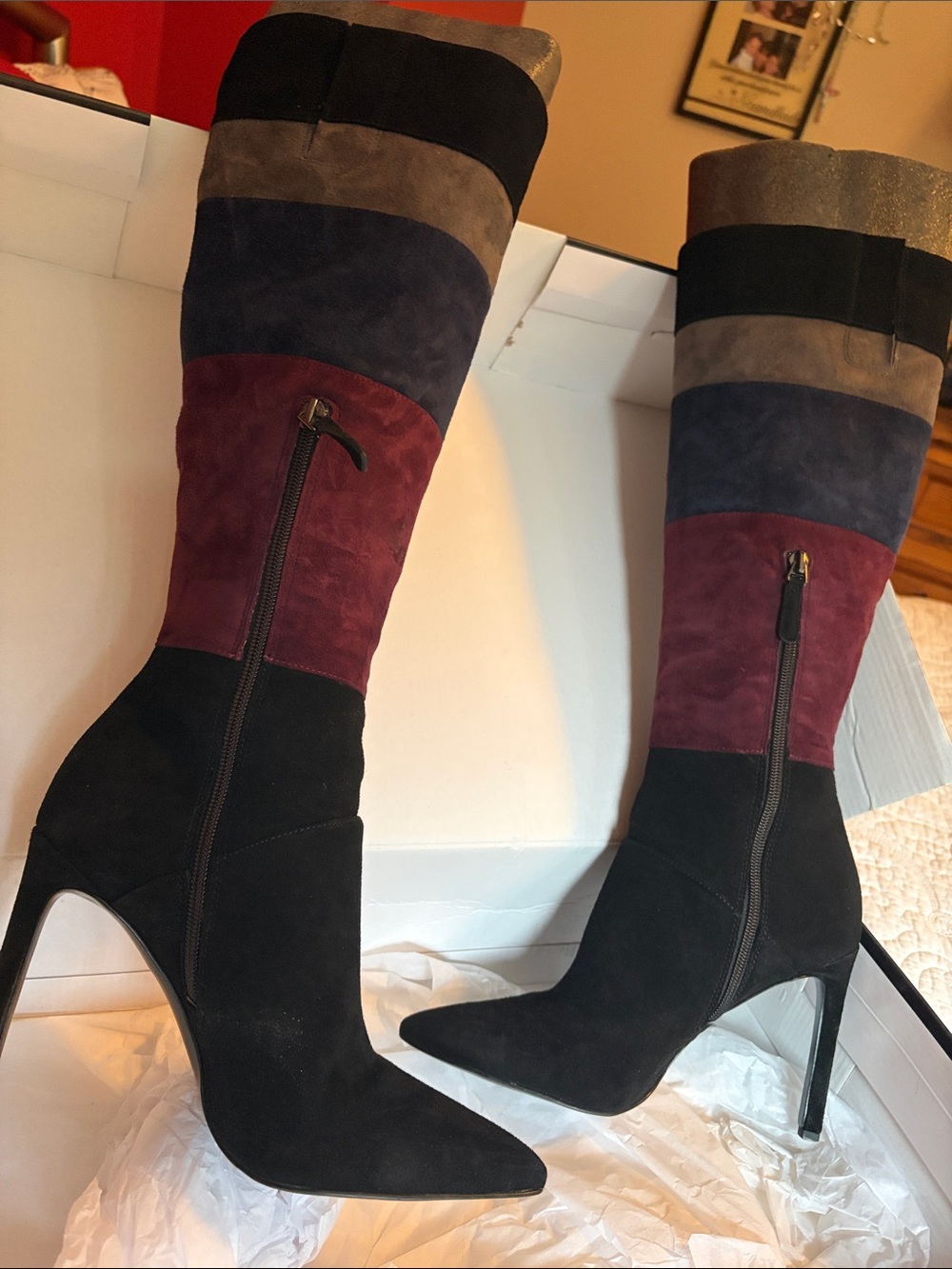 Nine West Black Suede Multicolor Panel Knee-High Stiletto Boots - Picture 3 of 3